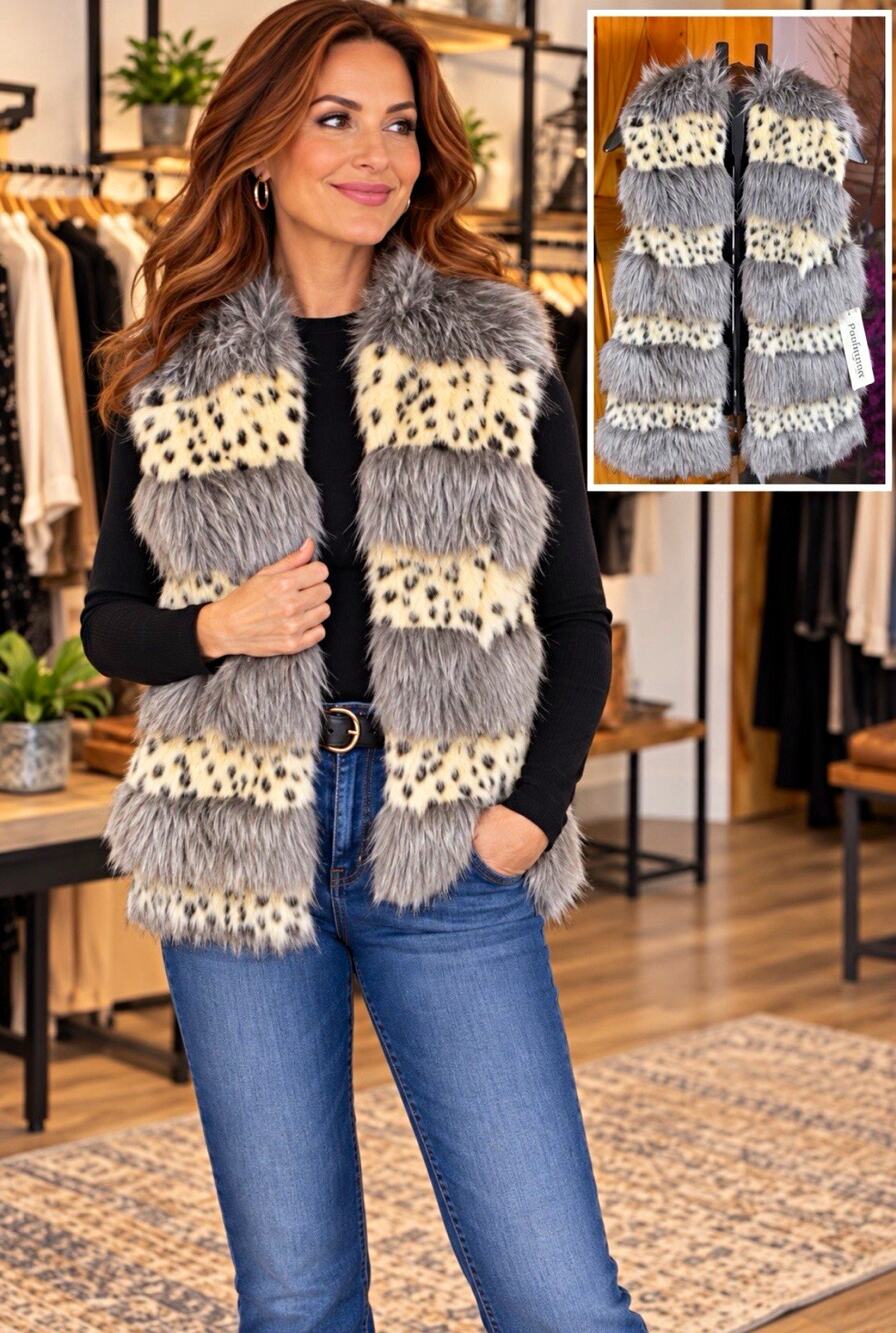 Patchington Women’s Faux Fur Vest M Gray Ivory Black Animal Print Collared Lined